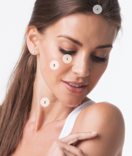 Diagram highlighting treatment areas for polynucleotides at Look Lovely London, including under eyes, face, neck, and hair