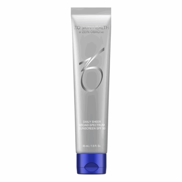 ZO Skin Health Daily Sheer Broad-Spectrum Sunscreen SPF 50 in a 45 mL (1.5 fl. oz.) sleek silver tube with blue cap, by Zein Obagi MD