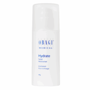 A 48 g white plastic pump bottle of Obagi Medical Hydrate Facial Moisturiser. The minimalist design features blue text and branding, with product information.
