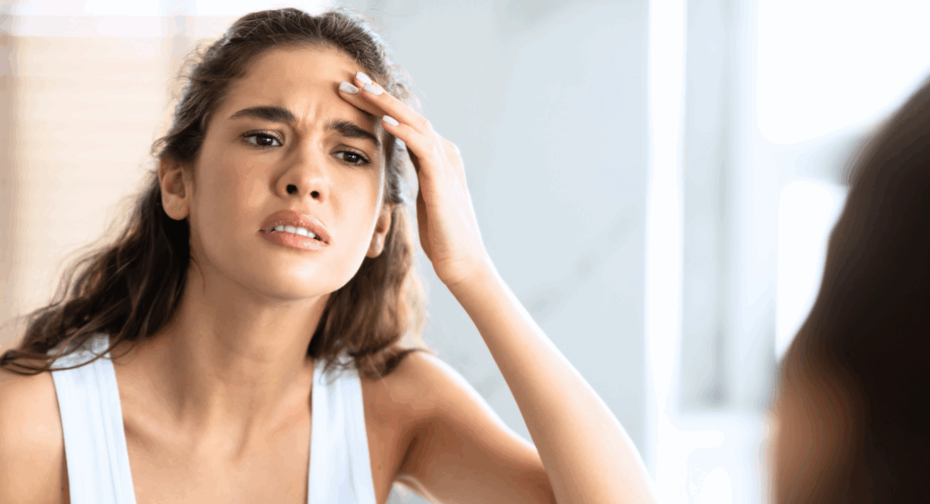 Young woman examining her forehead for wrinkles in the mirror, questioning if it's the right time to start anti-wrinkle injections