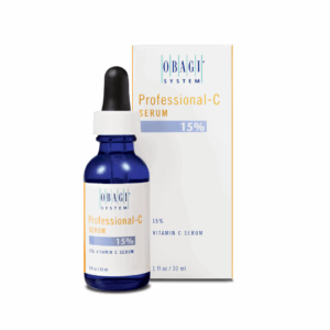Obagi Professional-C Serum 15% Vitamin C in a 1 fl. oz. (30 mL) blue dropper bottle, shown with matching white and orange product box