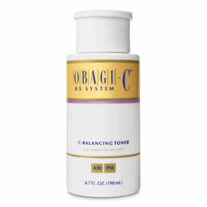 Obagi-C RX System C-Balancing Toner, 6.7 fl. oz. (198 mL) white bottle with gold and purple label, for normal to oily skin.