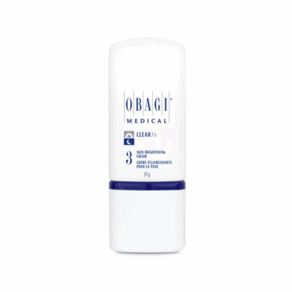 Obagi Medical Clear Fx Skin Brightening Cream, Step 3, 57g white bottle with blue accents and dual day-night use symbols