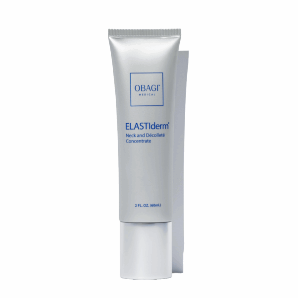 Obagi Medical ELASTIderm Neck and Décolleté Concentrate in a 2 fl. oz. (60 mL) sleek silver tube with cap.