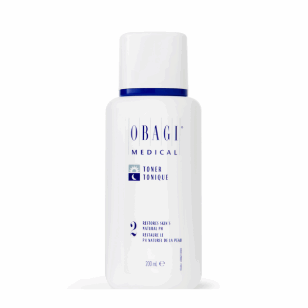 Obagi Medical Toner from the Nu-Derm System, 200 mL white bottle with blue text, designed to restore skin's natural pH