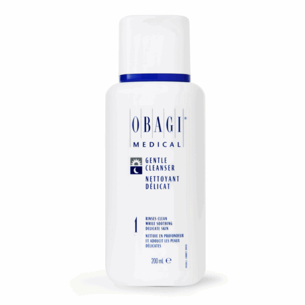 Obagi Medical Gentle Cleanser from the Nu-Derm System, 200 mL white bottle with blue text, designed for delicate skin