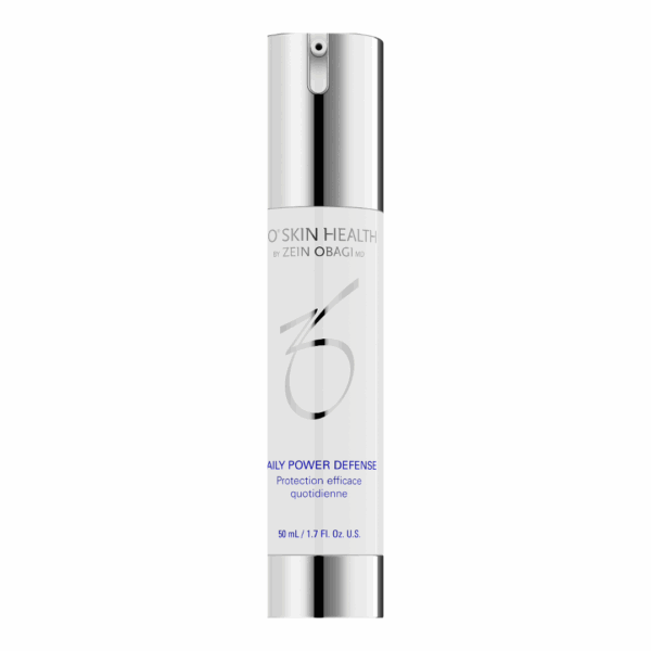 ZO Skin Health Daily Power Defense by Zein Obagi MD, 50 mL (1.7 fl. oz.) white bottle with silver pump dispenser and minimalist design