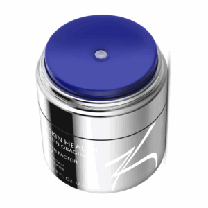 A 30 mL (1 fl. oz.) silver and blue airless pump jar of ZO Skin Health Growth Factor Serum by Zein Obagi, MD. The sleek, reflective packaging features the ZO logo and product details in white text, with the lid open to reveal the pump dispenser.