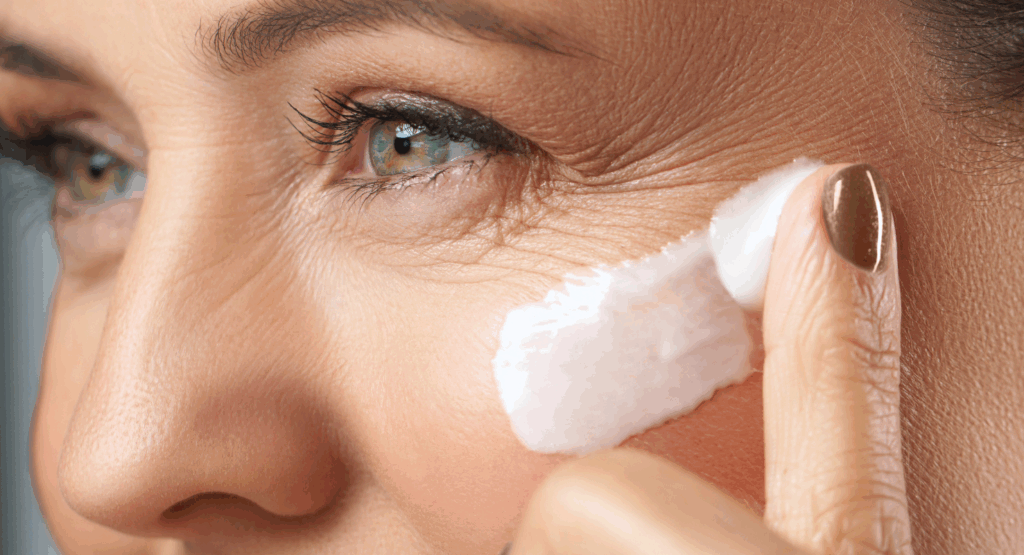 Close-up of mature woman applying anti-ageing cream around eye area – featured in Look Lovely London’s expert guide to supporting ageing skin.