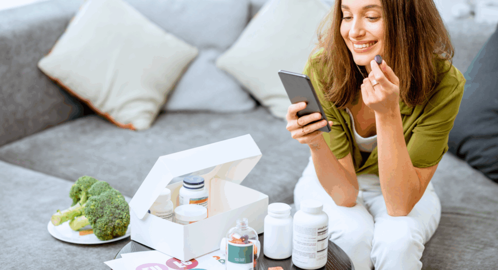 Smiling woman taking supplements while reading on smartphone, surrounded by vitamins and healthy food – illustrating biohacking for enhanced skin treatments on Look Lovely London blog